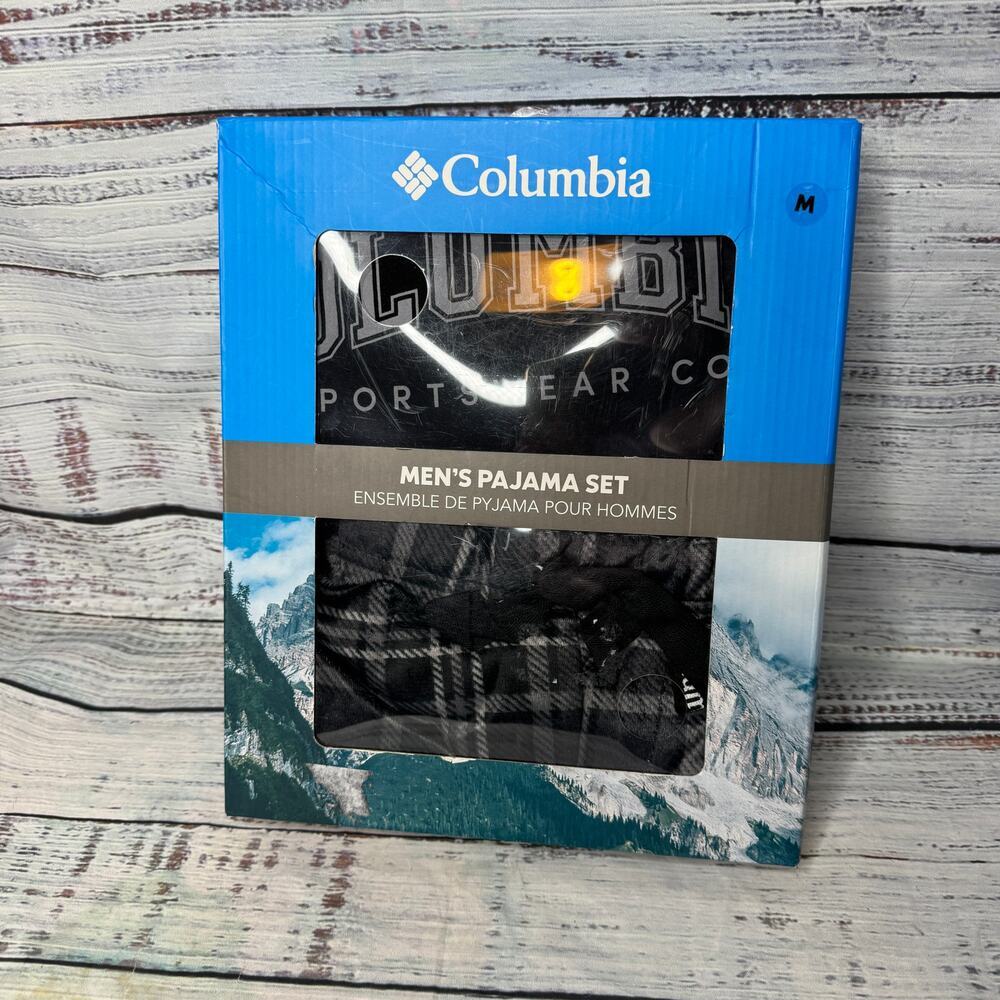 Columbia Pajama Set PJs Black/Gray Mens Cotton Blend Top & Fleece Bottom M NEW